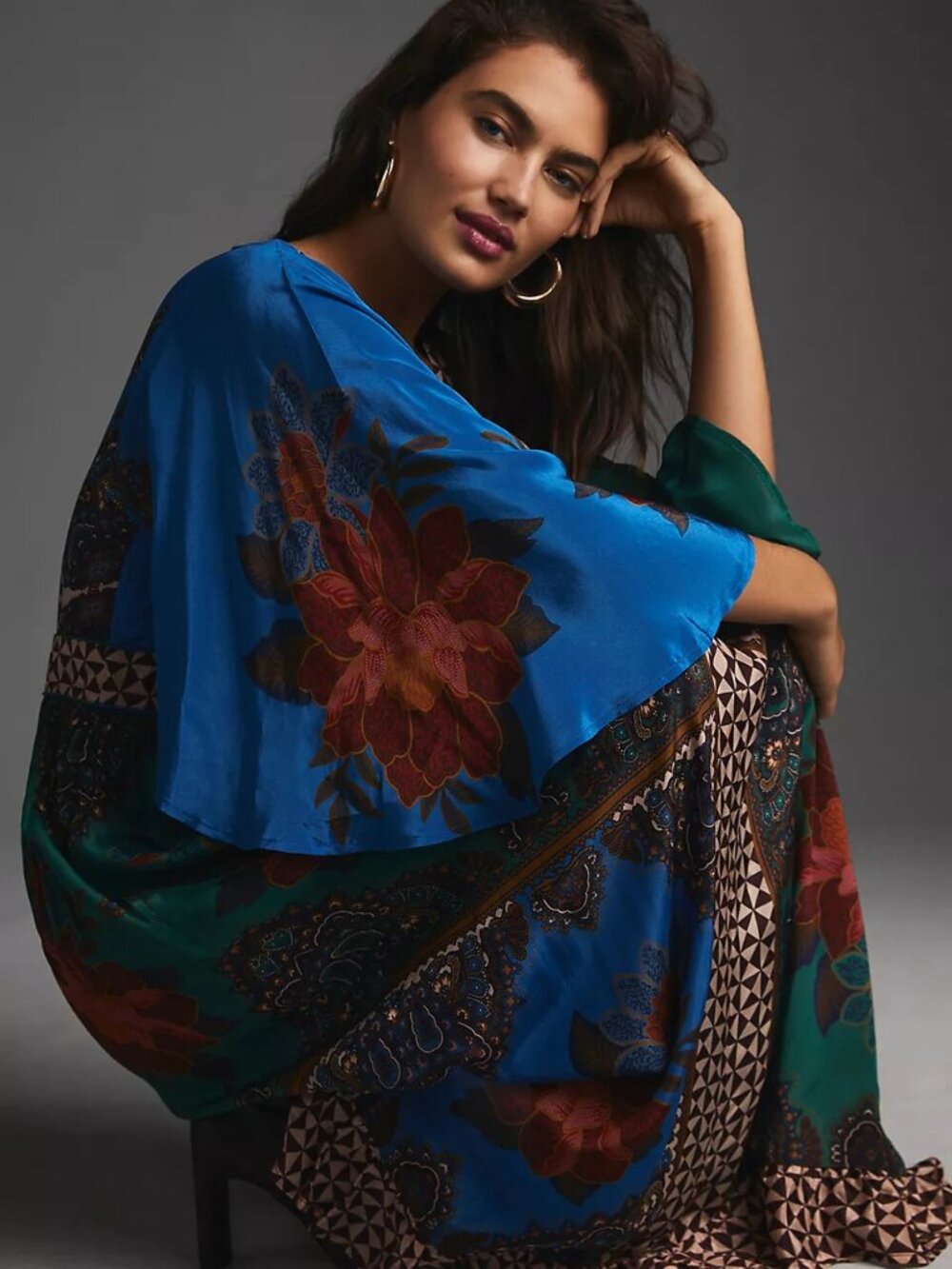 Anthropologie Farm x Anthropologie Flutter Sleeve Bell Kimono Floral Blue Green - Picture 3 of 6